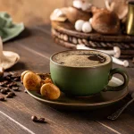 Šalica mushroom coffee kave s gljivama na drvenom stolu uz zrna kave i sušene gljive.