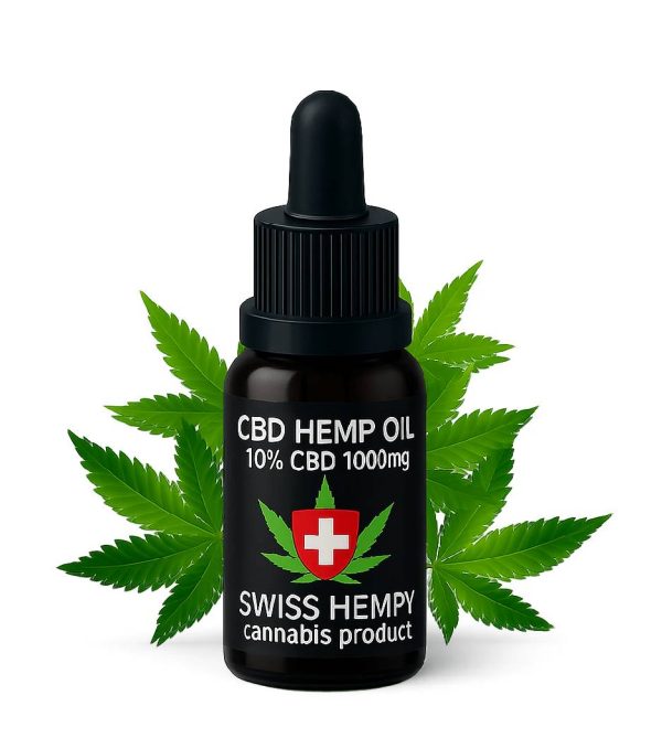 Bočica CBD ulja od konoplje 10% CBD 1000mg ispred listova konoplje