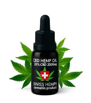 Bočica CBD ulja od konoplje 20% CBD 2000mg ispred listova konoplje.