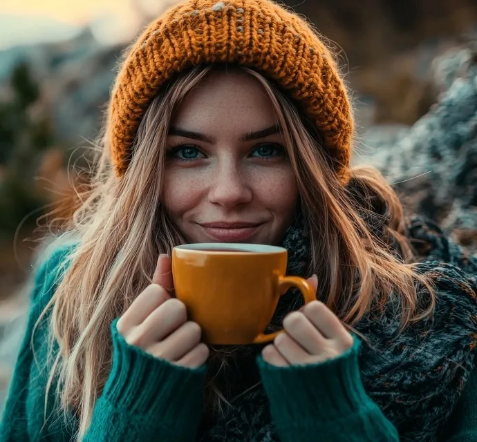 Mlada žena s osmijehom drži šalicu zdrave kave s gljivama u prirodi.