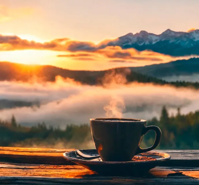 Šalica kave s gljivama na stolu s pogledom na planine i izlazak sunca.
