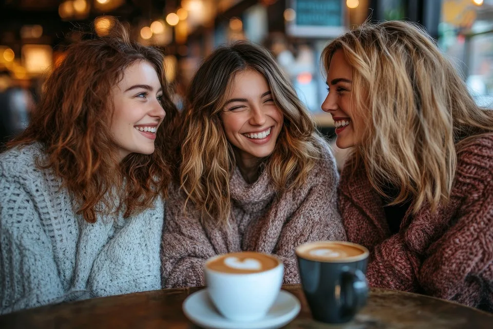 Tri prijateljice uživaju u šalici kave s gljivama i smijehom u kafiću.