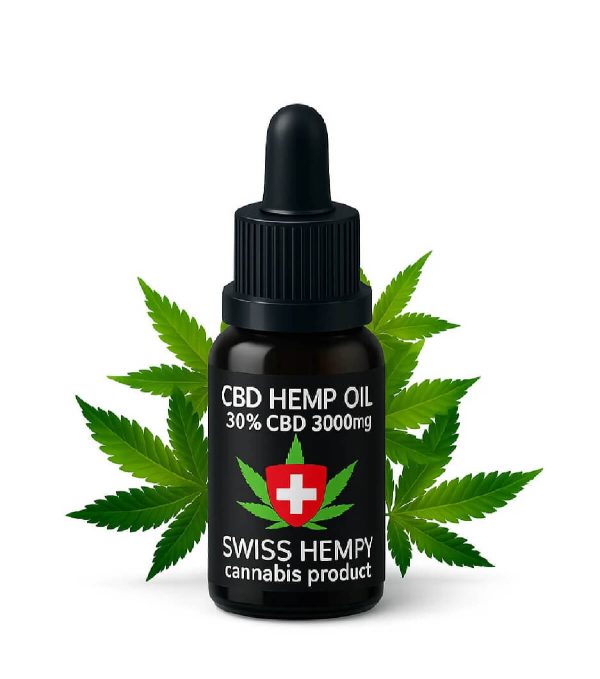 Bočica CBD ulja od konoplje 30% CBD 3000mg ispred listova konoplje.