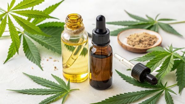 Dvije bočice CBD ulja s listovima konoplje i ekstraktom – gdje kupiti CBD ulje