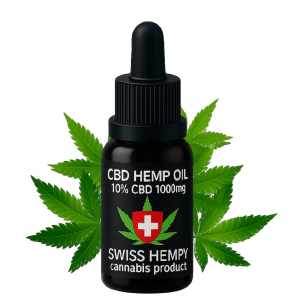 Bočica CBD ulja od konoplje 10% CBD 1000mg ispred listova konoplje