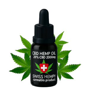 Bočica CBD ulja od konoplje 20% CBD 2000mg ispred listova konoplje.