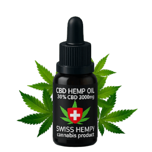 Bočica CBD ulja od konoplje 30% CBD 3000mg ispred listova konoplje.