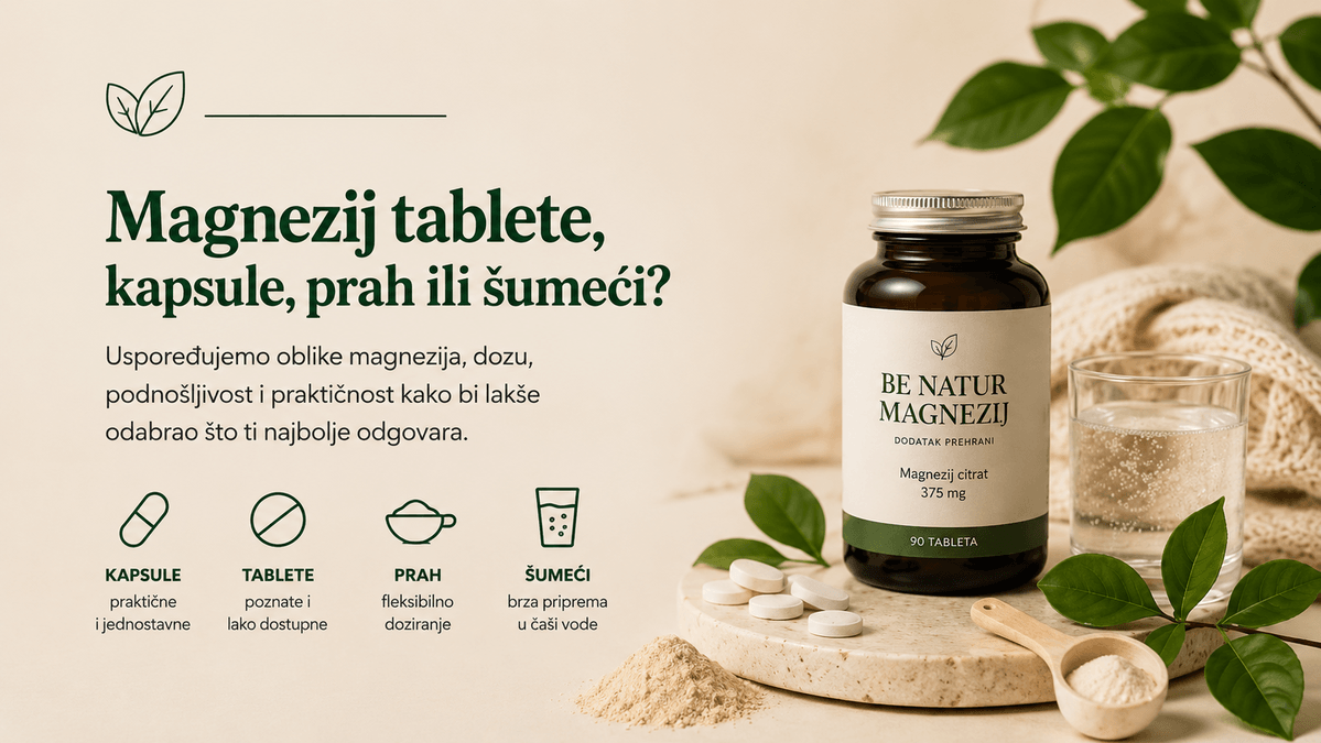 Magnezij tablete, kapsule, prah i šumeći oblik uz prikaz različitih načina uzimanja magnezija