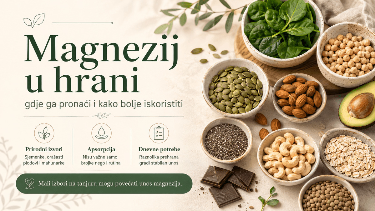 Magnezij u hrani uz prikaz špinata, bučinih sjemenki, badema, zobenih pahuljica, mahunarki i drugih prirodnih izvora magnezija