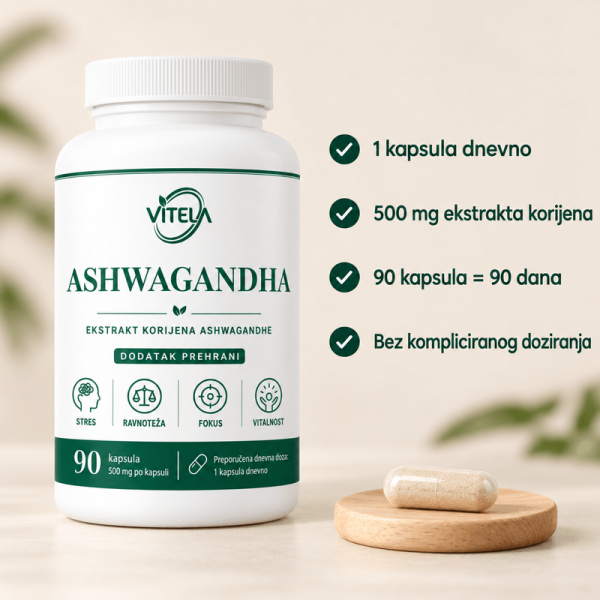 Vitela Ashwagandha – 1 kapsula dnevno, 500 mg ekstrakta korijena i 90 kapsula