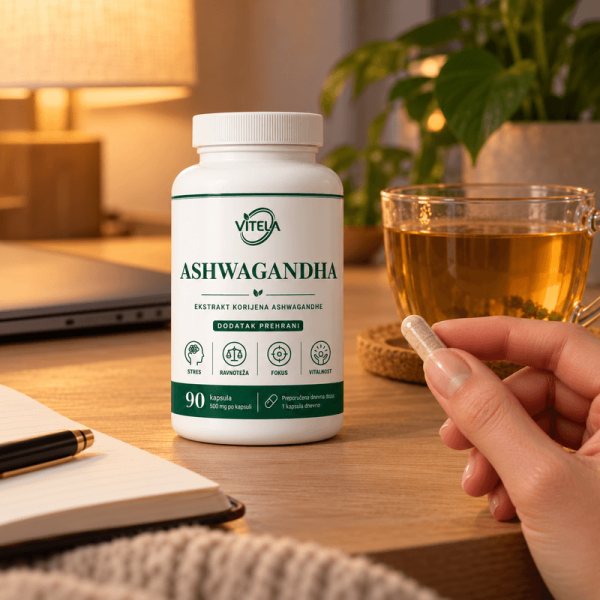 Vitela Ashwagandha kapsula u ruci uz biljni čaj i bočicu proizvoda