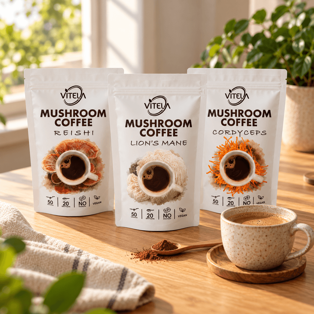 Tri vrećice Vitela kave s gljivama – reishi, lavlja griva i cordyceps – uz šalicu kave i žličicu praha na drvenom stolu