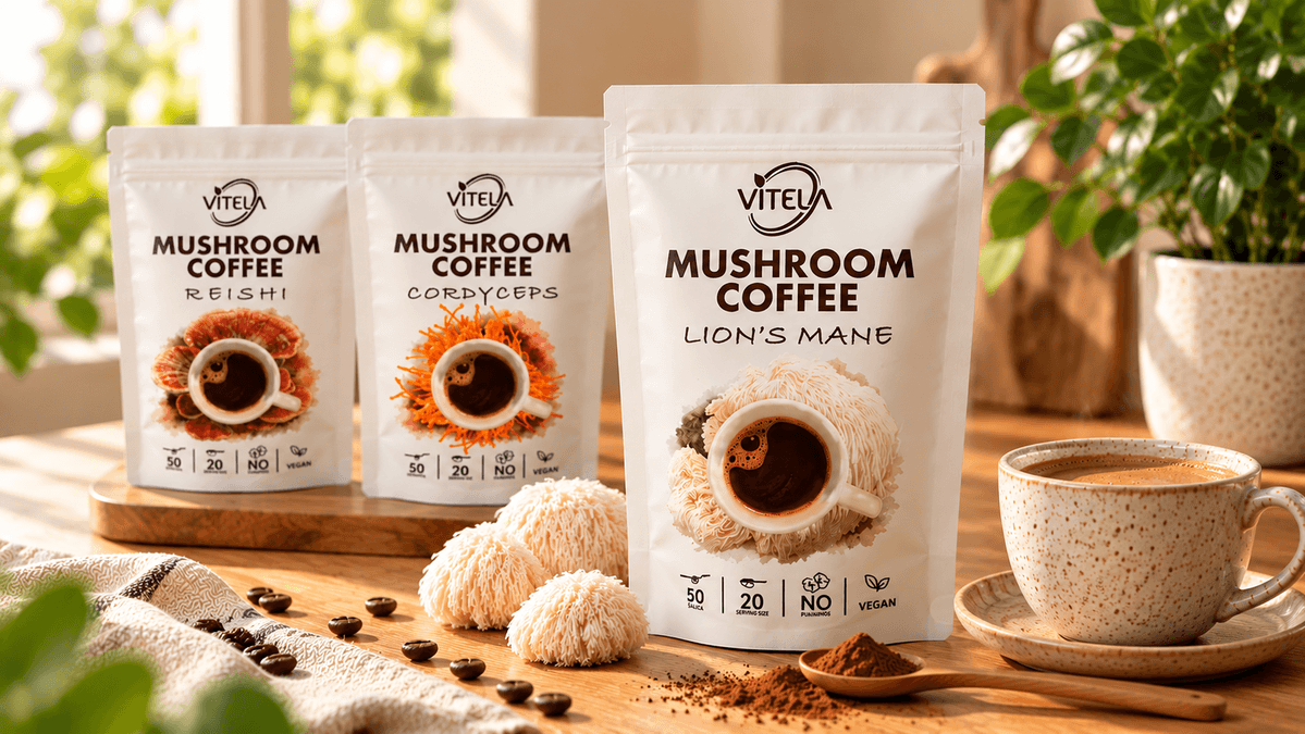 Vitela kava s gljivama lavlja griva, reishi i cordyceps uz šalicu kave i plodišta lavlje grive