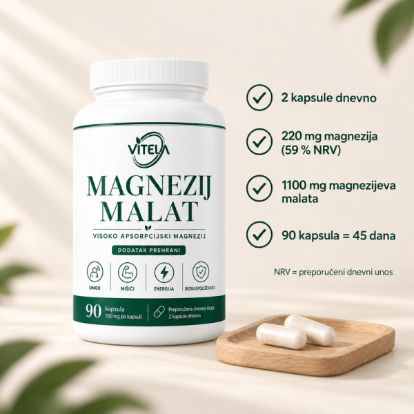 Vitela Magnezij Malat – 2 kapsule dnevno, 220 mg magnezija i 90 kapsula