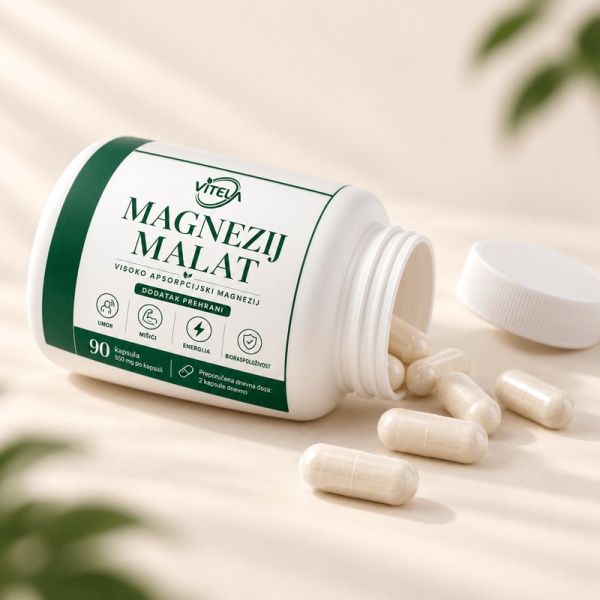 Kapsule Vitela Magnezij Malata izbliza uz otvorenu bočicu
