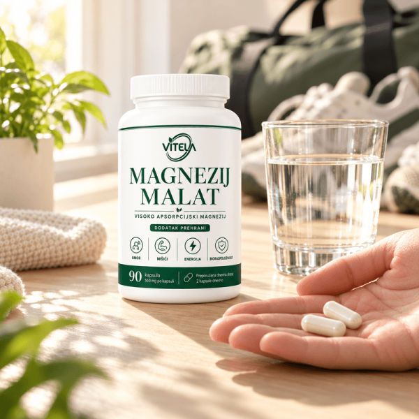 Dvije kapsule Vitela Magnezij Malata na dlanu uz čašu vode