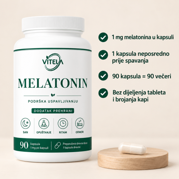 Vitela Melatonin – 1 mg melatonina u kapsuli, 1 kapsula prije spavanja i 90 kapsula