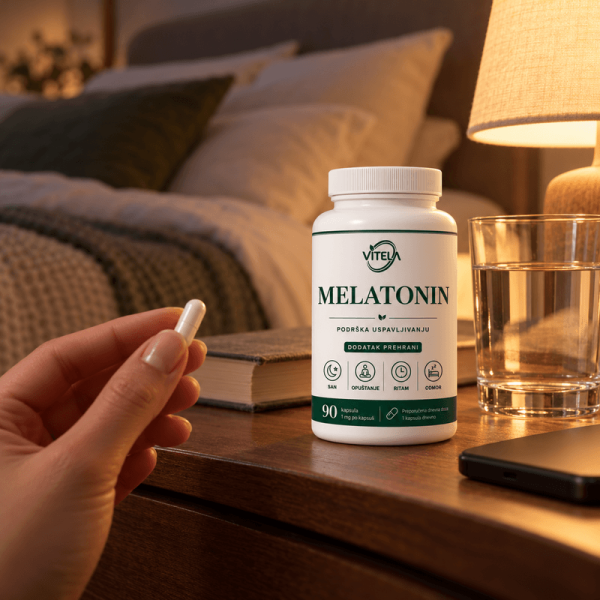 Vitela Melatonin kapsula u ruci uz čašu vode i bočicu na noćnom ormariću