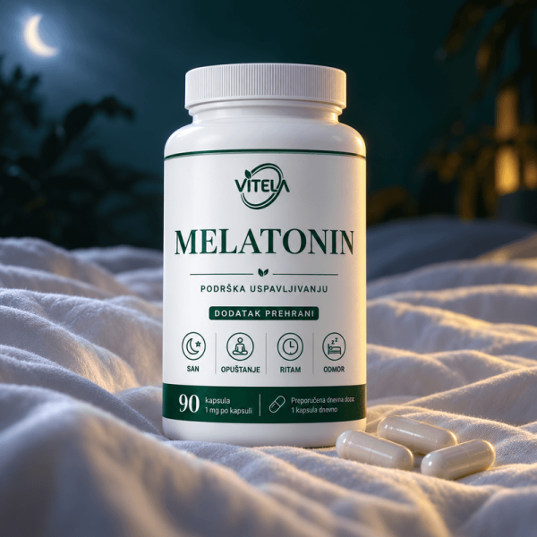 Bočica Vitela Melatonin i kapsule na posteljini u noćnom ugođaju