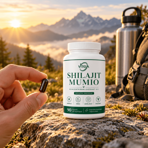 Kapsula Vitela Shilajit Mumio u ruci uz bočicu na planinskoj stazi