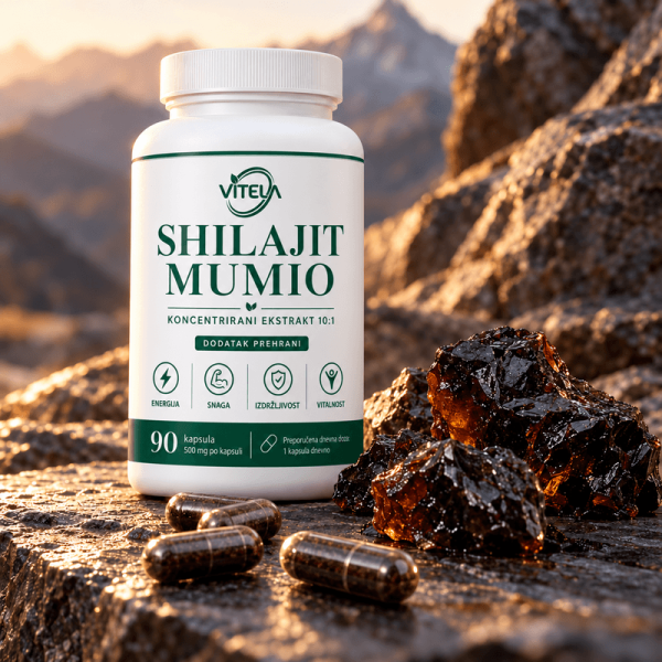 Shilajit smola i kapsule uz bočicu Vitela Shilajit Mumio