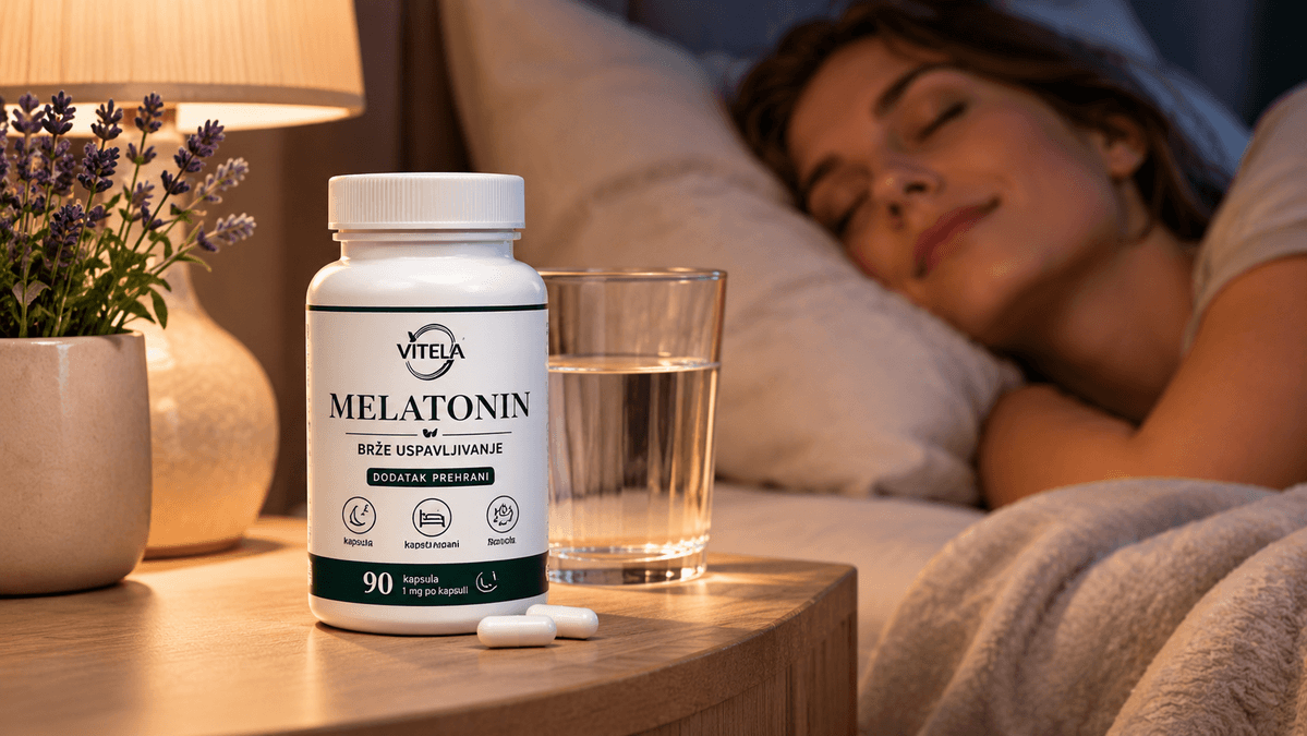 Tablete za spavanje bez recepta – Vitela Melatonin uz čašu vode na noćnom ormariću