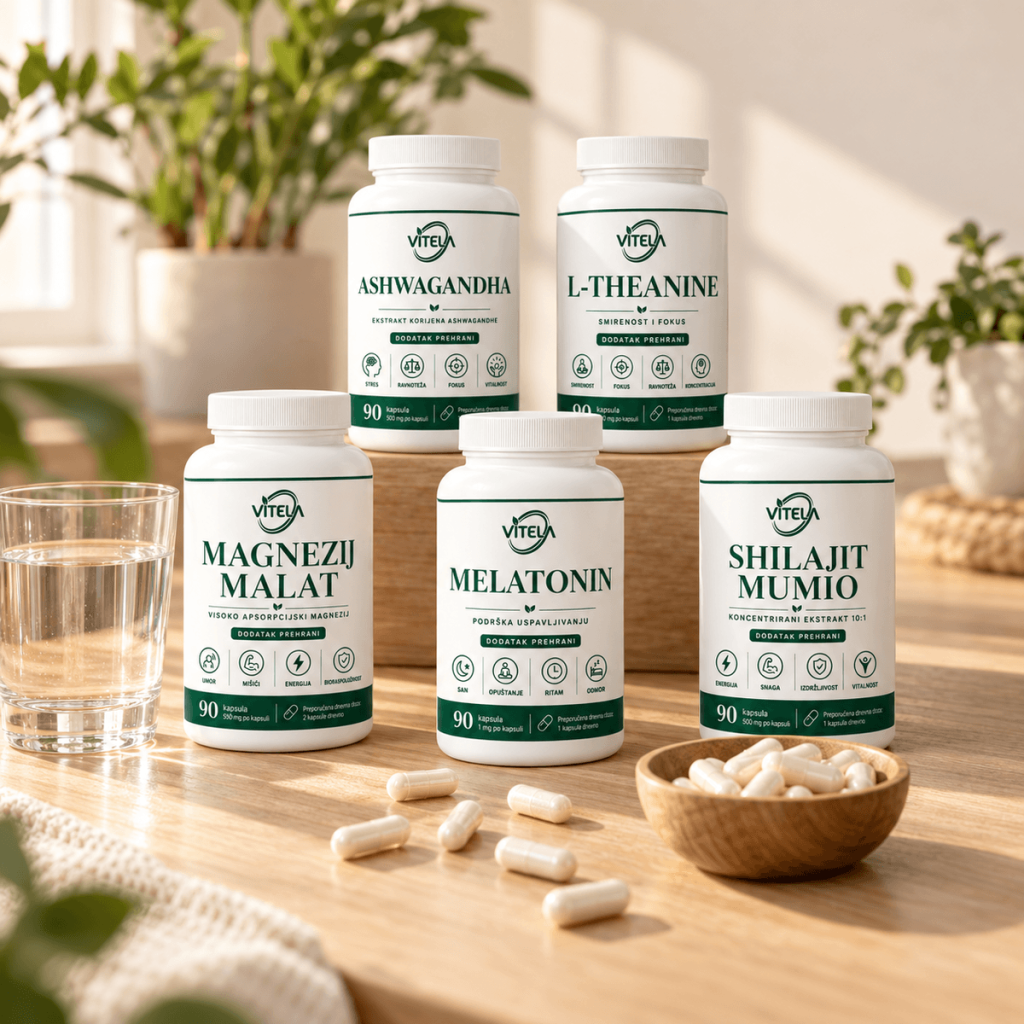 Vitela dodaci prehrani – Magnezij Malat, Ashwagandha, L-Theanine, Shilajit Mumio i Melatonin uz čašu vode i kapsule
